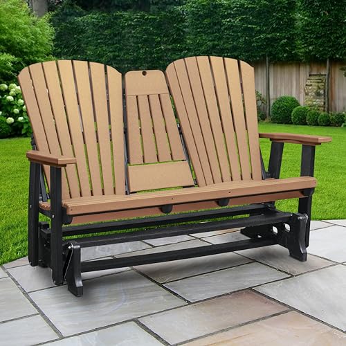 American Furniture Classics Model 524CBK Two Seat Fan Back Glider with Drop Down Table/Cup Holder in Cedar with Black Base, Made in The USA