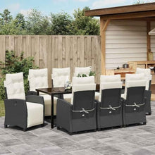 Molumvel 9 Piece Garden Dining Set, Outdoor Poly Rattan Patio Table and 8 Adjustable Chairs with Cushions, Black Steel Frame Furniture for Backyard Deck