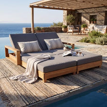 Double Acacia Wood Chaise Lounge Set, 1 Double Recliner with 2 Pieces 3-Fold Dark Grey Cushions, 4-Position Adjustable Backrests, 4 Inch Water Resistant Cushion, 800 LBS Capacity for Patio, Poolside