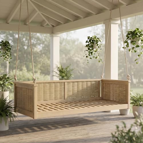 VOOTOLOVER Twin‑Size Acacia Wood & Rattan Outdoor Swing Bed, 350 lbs Weight Capacity, with 7.5ft Hemp Hanging Ropes, Classic Porch Swing Frame for Backyard Poolside Garden, Light Teak
