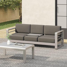 roomfitters Modern 3-Seater Outdoor Sofa with Aluminum Frame, Water-Resistant Cushions, Tray Insert for Versatile Seating, Durable Patio Sofa for Garden or Patio Use, Khaki