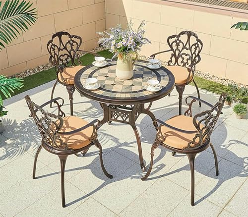 KUYBTU Garden Bench Cast Aluminium Dining Round Table and 4 Chairs Set,Garden Outdoor Furniture Table and Chairs