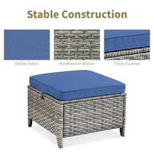Seeheool Outdoor PE Wicker Ottomans Set of 2, Patio Gray Rattan Footrests with Blue Cushions for Backyard or Deck
