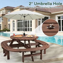 Festisoul Round Solid Fir Wood Picnic Dining Table for 10-12 People, Brown, 4 Built-in Curved Benches, 2" Umbrella Hole, 2,220-Lb Capacity for Patio, Garden & Backyard