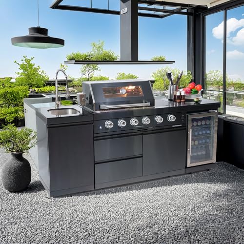 Chery Industrial 46-Inch 4-Burner Gas Island Grill, 72000 BTU Deluxe Stainless Steel Outdoor Kitchen with Compact Refrigerator, Rotisserie Kit, and Stainless Steel Sink For Backyard BBQ