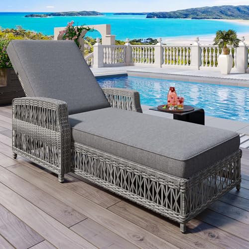 Merax Patio Lounge Chair, Outdoor Rattan Chaise Lounge with 4 Adjustable Backrest and Armrests, All Weather Wicker Reclining Pool Sunbathing Chair & Soft Removable Cushions for Poolside, Garden, Gray