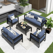 Solaste Aluminum Patio Furniture Set 7 Seats Modern Outdoor Sectional Sofa with Coffee Table Blue Cushion