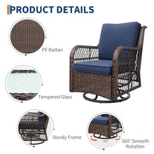 TrailBlaze 360° Swivel Wicker Patio Glider Rocking Chair Set – 3-Piece Outdoor Bistro Furniture with Thick Cushions, Armored Glass Side Table, All-Weather Comfort for Porch, Deck, Garden – Blue