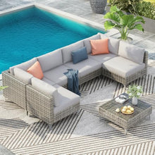 43 Inch Propane Fire Pit Table with Open Weave Wicker Design for Patio Garden Backyard - Orange and Yellow Outdoor Fire Table (7 Piece Sectional Sofa Set - Grey)