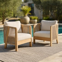 Christopher Knight Home Dalba Acacia Wood Lounge Chair Outdoor Set of 2 with Removable Cushion, Patio Accent Chair with Woven Rope Accents, Patio Furniture Set Sofa Chair, Light Teak+Cream