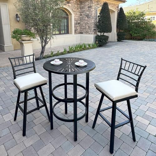 Darlee Bella Aluminum 3 Pc Patio Bar Set w/ 30-in Round Bar Table in Beige