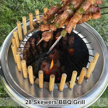 Portable Smokeless Barbecue Charcoal Barrel Grill, Stainless Steel Surround Charcoal kebab Grill with 28 Skewers and BBQ Grill Cooking Grate for Family Gathering