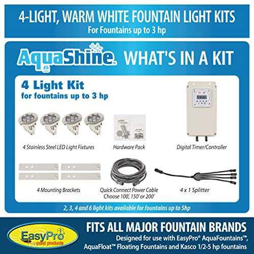 EasyPro Pond Products AquaShine LED Fountain Lights with 150 ft Power Cord, Digital Timer, and Remote Control