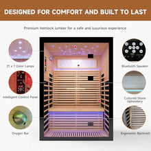 Sauna 2 Person Far Infrared Sauna Home Canadian Hemlock Indoor 2160W Low-EMF Dry Saunas with Oxygen Bar, 21 Starry Sky Light in 7 Color Remedies, Control Panel, Speakers - 53.1 * 47.2 * 74.8 IN