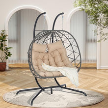KEIKI Double Swing Egg Chair with Stand, Patio Rattan Wicker Hammock Egg Chair with UV Cushion, 2 Person Outdoor Indoor Hanging Basket Chair, 600LBS Capacity for Balcony, Khaki and Gray
