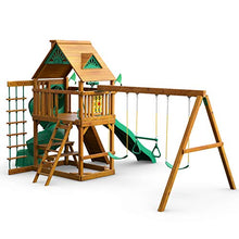 Gorilla Playsets Mountaineer Wooden Swing Set with Slides & Wood Roof Brown