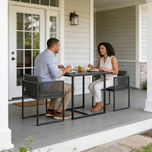 SOEBOJ Bar Table and Chair Set, Modern Outdoor Nesting Small Dining Table and Chair Set, Metal Patio Furniture, 3-Piece Table and Chair Set with Cushions, Tempered Glass Tabletop