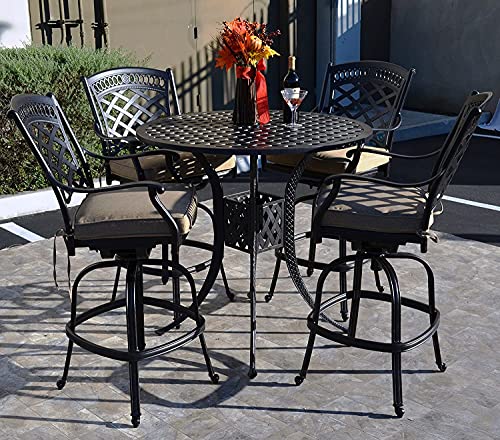 PatioLandOutdoorLiving PatioLand St. Augustine Outdoor Patio Powder Coated Cast Aluminum 5 pc Bar Set Antique Bronze with Premium Fabric Linen Sesame Cushion