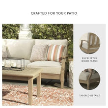 BOWERY HILL Outdoor Patio Eucalyptus Wood Sofa, Beige Finish, 81" Wide, Polyester Cushions with Nuvella Fabric, All-Weather Foam, 4 Throw Pillows, Durable Outdoor Furniture for Garden or Deck