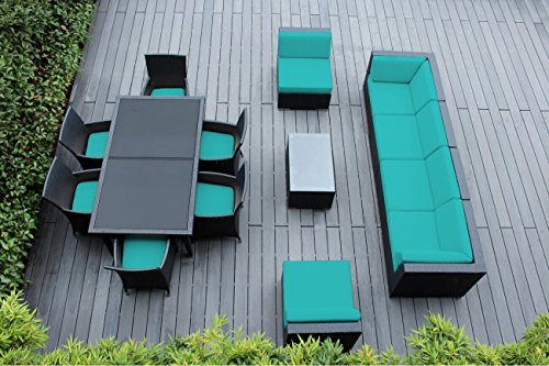 Genuine Ohana Outdoor Sectional Sofa and Dining Wicker Patio Furniture Set (14 pc Set) with Free Patio Cover (Turquois)