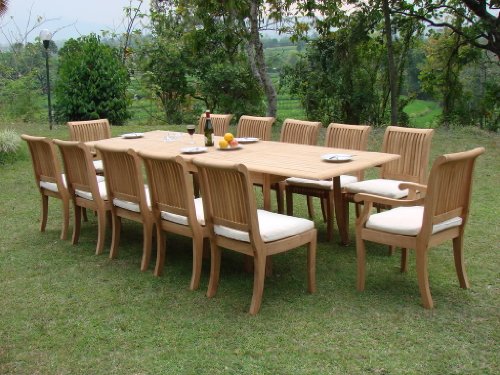 WholesaleTeak New 13 Pc Luxurious Grade-A Teak Dining Set - 117" Double Extension Rectangle Table 12 Giva Chairs (10 Armless and 2 Arm/Captain) #WHDSGV13