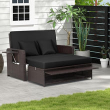 LDAILY Moccha Outdoor Daybed, Wicker Loveseat Sofa Set with 4-Postion Adjustable Backrest, Storage Ottoman, Cushions, Rattan Double Bed Lounger, Patio Furniture Set (Black)