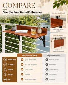 YYBHKHBY Balcony Railing Table - Folding Hanging Deck Bar Desk - Outdoor Patio Apartment Furniture - Adjustable Clamp 3-11cm, Pine Wood & Aviation Aluminum Board, 200 lbs Capacity,Brown,39.4x13.0in