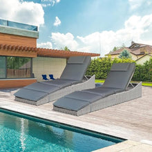 BTEXPERT Set of 2, Foldable Outdoor Chaise Pool Lounge Chairs Folding Wicker Rattan Sun Bed Patio Couch Reclining Lounger Adjustable Padded Backrest Pillow Assembled - Grey - Two