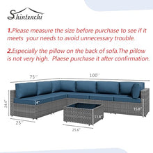 7 Piece Outdoor Patio Furniture Set with Silver PE Rattan, Navy Blue