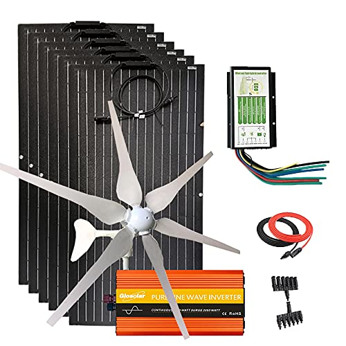 600W ETFE Flexible Solar Panel + 400W Wind Turbine Generator + Hybrid Controller + 1000W Power Inverter + Solar Extension Cable (1000 Watts Solar Wind Kit for Cabin)