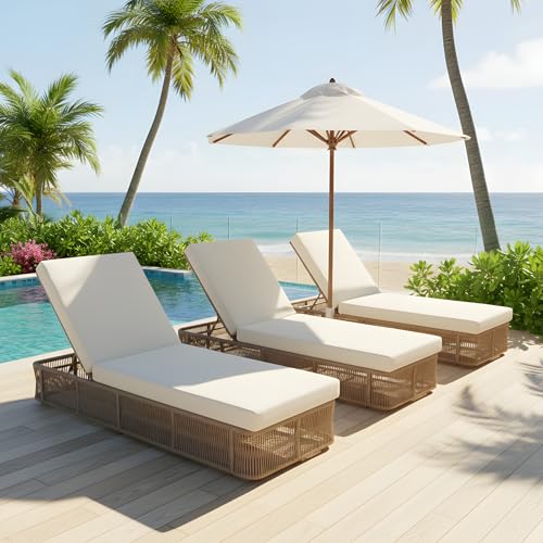 Merax 3-Pieces Outdoor Chaise Lounge Chair Set – Adjustable Woven Rope Sun Lounger with 5-Position Backrest (Frame Only) – Modern Patio Furniture for Pool, Beach & Garden, Beige