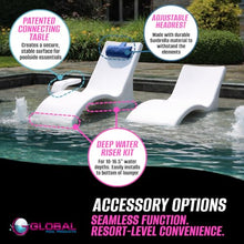 Global Pool Products 2 Lounge Chairs with Connecting Table - Outdoor Chaise Lounge - Patio Lounge Chair with Table for All Pool Types - White