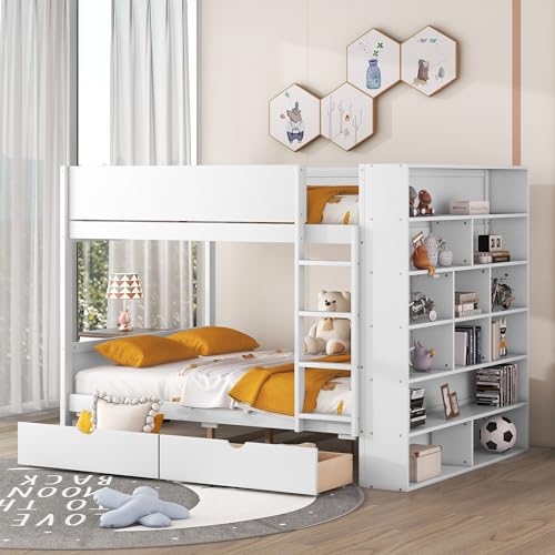 Acosure Full Over Full Bunk Bed with Storage Drawers & Cabinet White