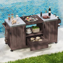Hassyee Modern Design 66.5" Outdoor Kitchen Island for Big Green Egg Grills, Solid Wood Outdoor Grill Cart with Stainless Steel Top and Drawer (Dark Brown)