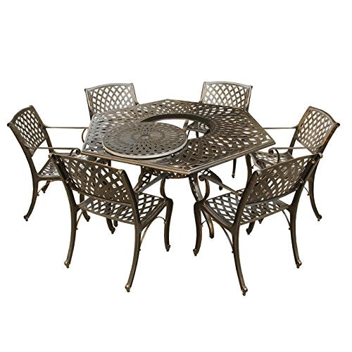 Oakland Living Contemporary Modern Outdoor Mesh Lattice Aluminum 63 inch Bronze Hexagon Dining Set with Lazy Susan and Six Chairs