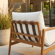 Modway Nomi Teak Wood Outdoor Sling Accent Chair in Natural White - Faux Leather Vegan Patio Armchair with Removable Cushioned Upholstery