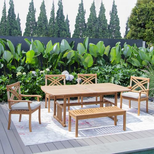 Cambridge Casual Sierra Teak Wood 6 Piece Outdoor Dining Set with Extendable Dining Table, Includes 4-piece Dining Chair with Tan Seatpad and Backless Bench, Weather-Resistant, Durable