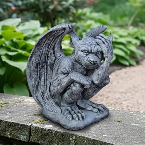 OLOMA Winged Sitting Gargoyle Concrete Statue Outdoor Mythical Creature Sculpture Gothic Beast Garden Ornament Medieval Lawn Patio Decor Weather Proof Accent Decor Fantasy Cement Figurine
