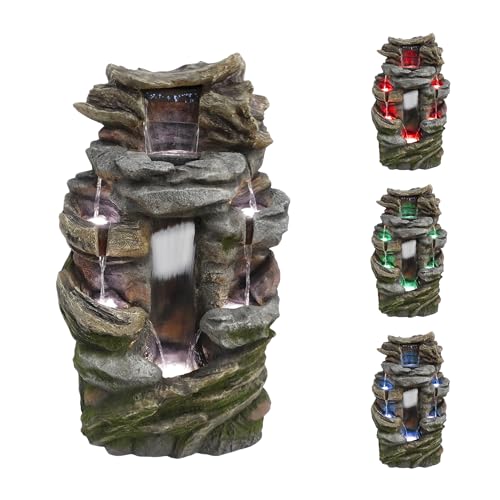 Alpine Corporation WIN1544 41" Outdoor Rock Mountain Fountain with Color-Changing LED Lights, Cascading Water Feature for Garden, Patio, Yard, Stone Waterfall Fountain, Brown