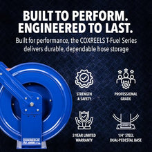 Coxreels TSHF-N-550 Retractable Fuel Hose Reel, T-Fuel Series ¾” x 50’, 300PSI-Easy-Maintenance Design with Brass Swivel and Multi-Position Mount Arm-Heavy Duty Steel Construction, Made in USA, Blue