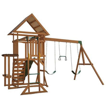 KidKraft Lawnmeadow Wooden Swing Set with Swings, Slide, Sandbox, Telescope, Rock Wall, Monkey Bars Brown