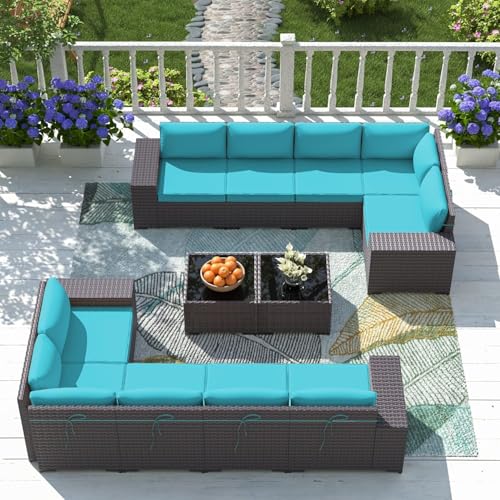 HTERWQEA 12 Piece Patio Furniture Set Outdoor All Weather PE Wicker Sofa and Chairs with 2 Glass Coffee Tables, Conversation for Porch, Garden, Backyard