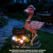 Outdoor Flamingo Planter Urn with Solar LED Lights, Resin Welcome Garden Statue Flower Container for Patio Porch Balcony Courtyard Walkway Lawn Entryway Decorative Yard Accent (Female Flamingo)