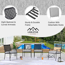 LOKATSE HOME Patio Dining Chairs Set of 4, Stackable Metal Wrought Iron Outdoor Chairs with Armrests & Thick Grey Cushions, All-Weather Heavy Duty Furniture for Garden, Backyard, Deck & Balcony