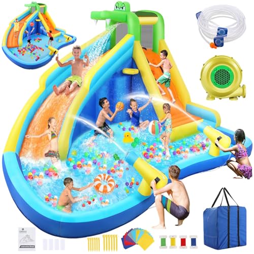 AKEYDIY Inflatable Water Slide Park with Splash Pool and Climbing Wall
