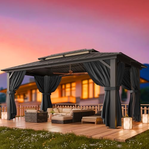 HOTEEL 10x15 Hardtop Gazebo On Clearance with Heavy Duty Galvanized Steel Metal Roof, Patio Hard Top Gazebo with Curtains & Netting, Outdoor Permanent Hot tub Gazebo Pavillon for Backyard, Black