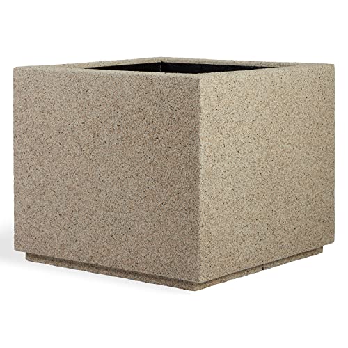 PolyStone Monterray Modern Outdoor/Indoor Square Planter - 23" x 23" x 19" H - Lightweight Weather Resistant Stone-Look Resin Planter - Commercial & Residential - Sandstone Granite
