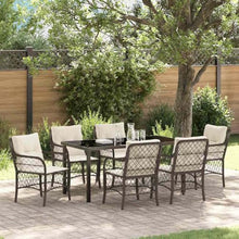 FUDUGEHMIOFWFJJ 7-Piece Brown Poly Rattan Garden Dining Set with Cushions, Modern Outdoor Patio Furniture Set with Tempered Glass Table for Backyard, Poolside, Balcony Dining and Entertaining