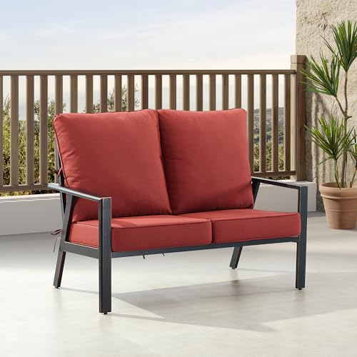 Oakland Living Black Aluminum Patio Deep Seating Outdoor Two Seater Loveseat with Red Cushions