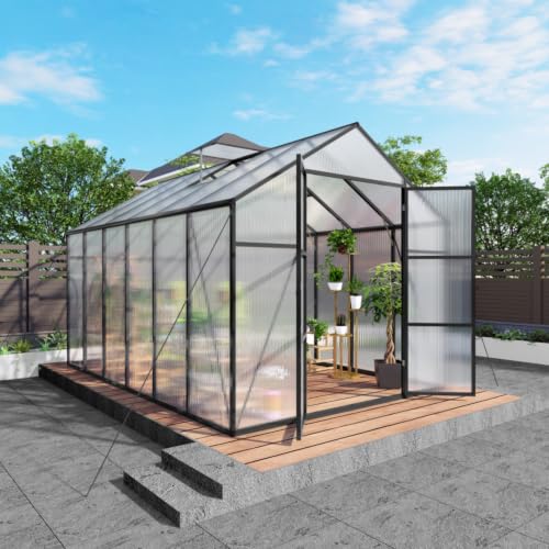 Walk-in Polycarbonate Greenhouse with Aluminum Frame and Double-Door Gate for Growing Flowers, Herbs, Plants, Outdoor Plant Tent with Drainage Gutter System for Backyard, Lawn (8x12FT+Black)
